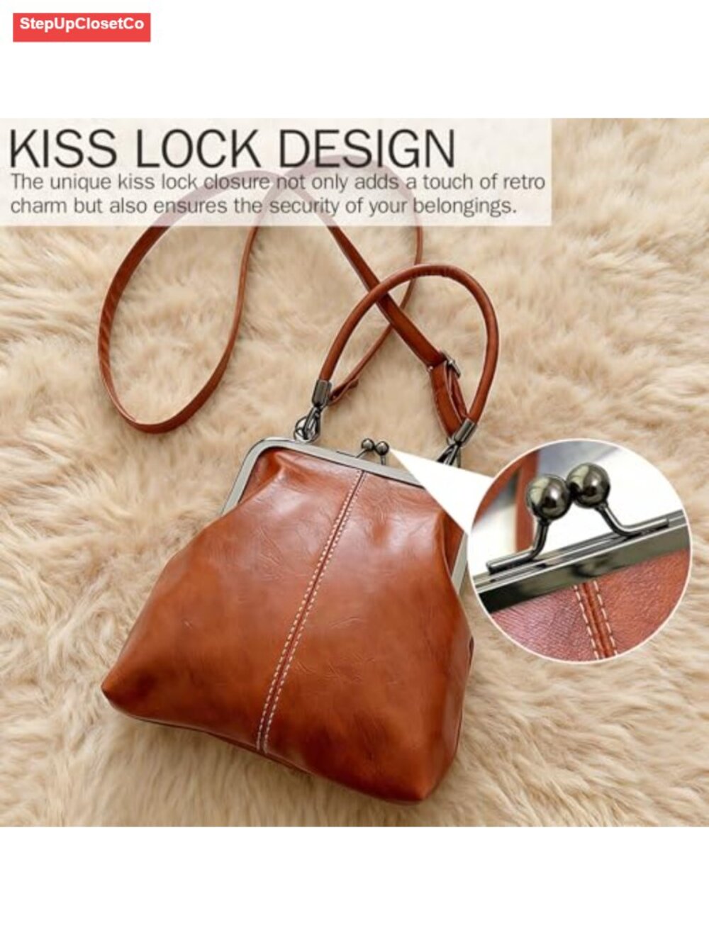Retro Kiss Lock Crossbody Bag PU Leather Tote Handbag - Picture 3 of 6